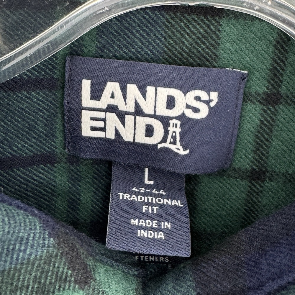 Lands' End Men Large Flannel Shirt Black Watch Plaid Cotton Button Down Flagship - Picture 6 of 10